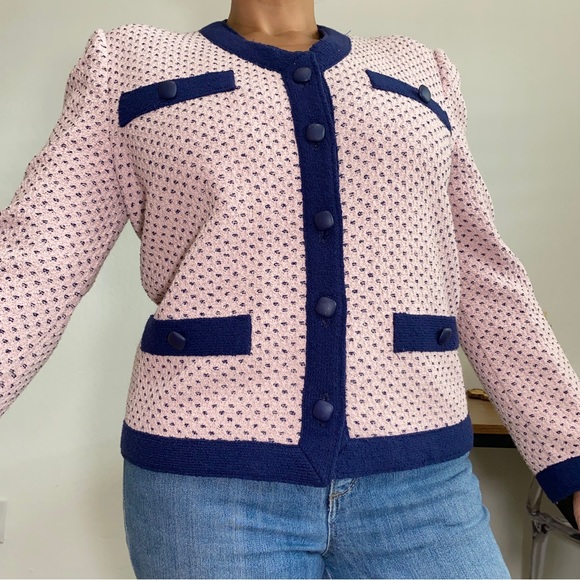 Castleberry Women’s 10 Vintage Pink Navy Button up V Neck Blazer Jacket - Picture 8 of 8